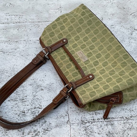 Nine & Company Women Bag Green Convas Brown Leather Hand Bag - Picture 8 of 12